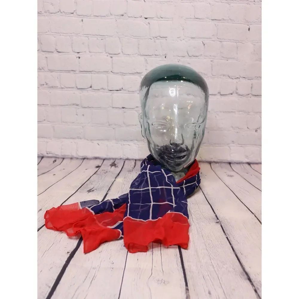 Vintage Windowpane Plaid Grid Check Scarf Red White Blue 1980s 4th Of July